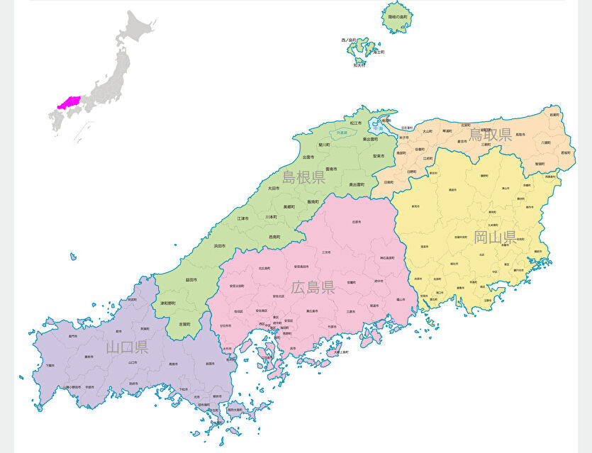 広島県近隣　中国　地図